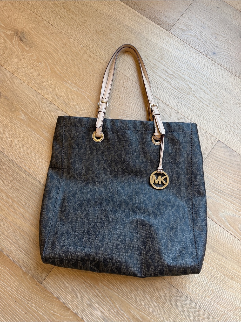 Michael Kors Dark Brown Signature Tote with Pale Beige Handles